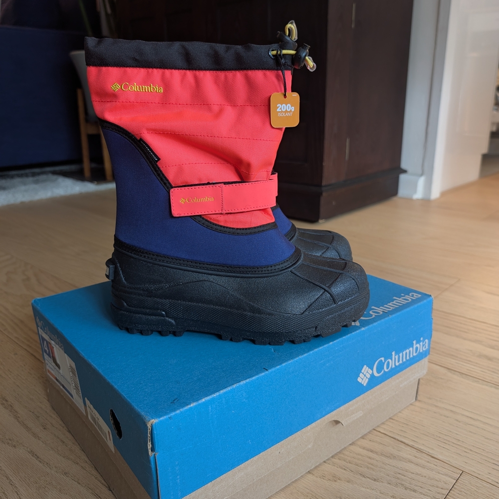 Columbia Youth Powderbug Plus II Boots - Dark Sapphire and Neon Sunrise